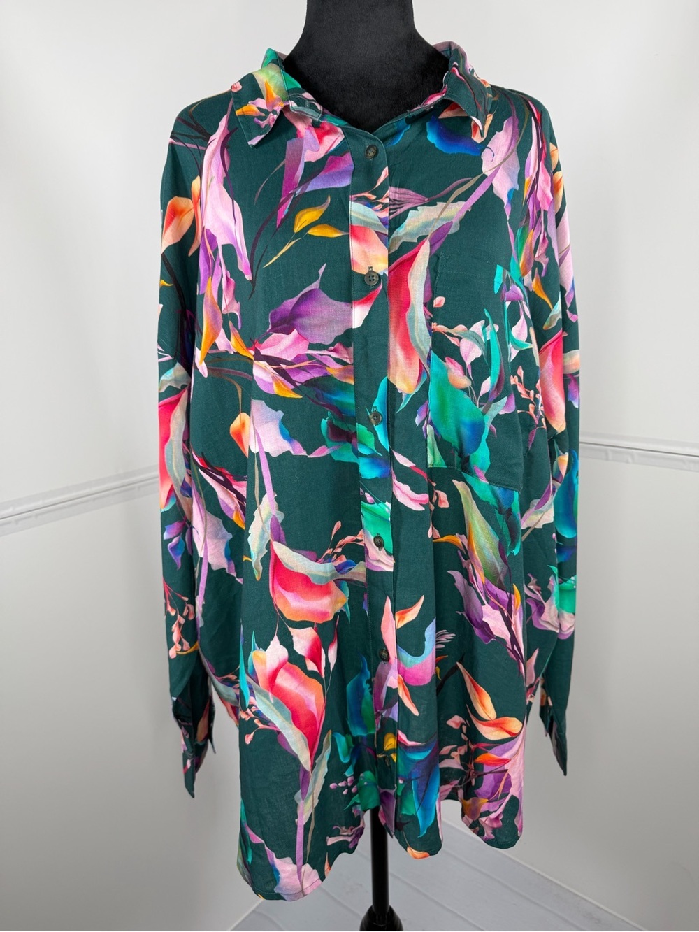 NWT CALIA Tropical Floral Linen Blend Swim Cover Up Shirt Size XXL